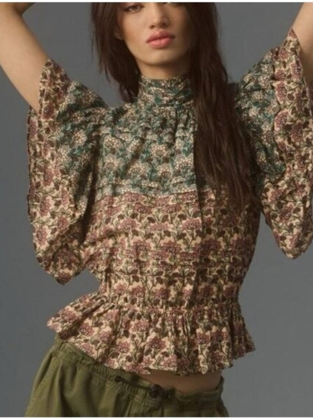 🛍 Anthropologie Let Me Be High-Neck Printed Peasant Blouse Size XXS